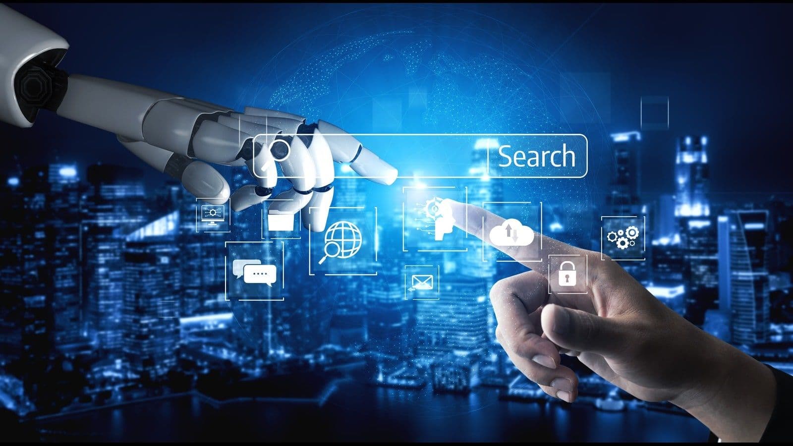 Can you trust AI for SEO? Human hand reaching out to robot hand