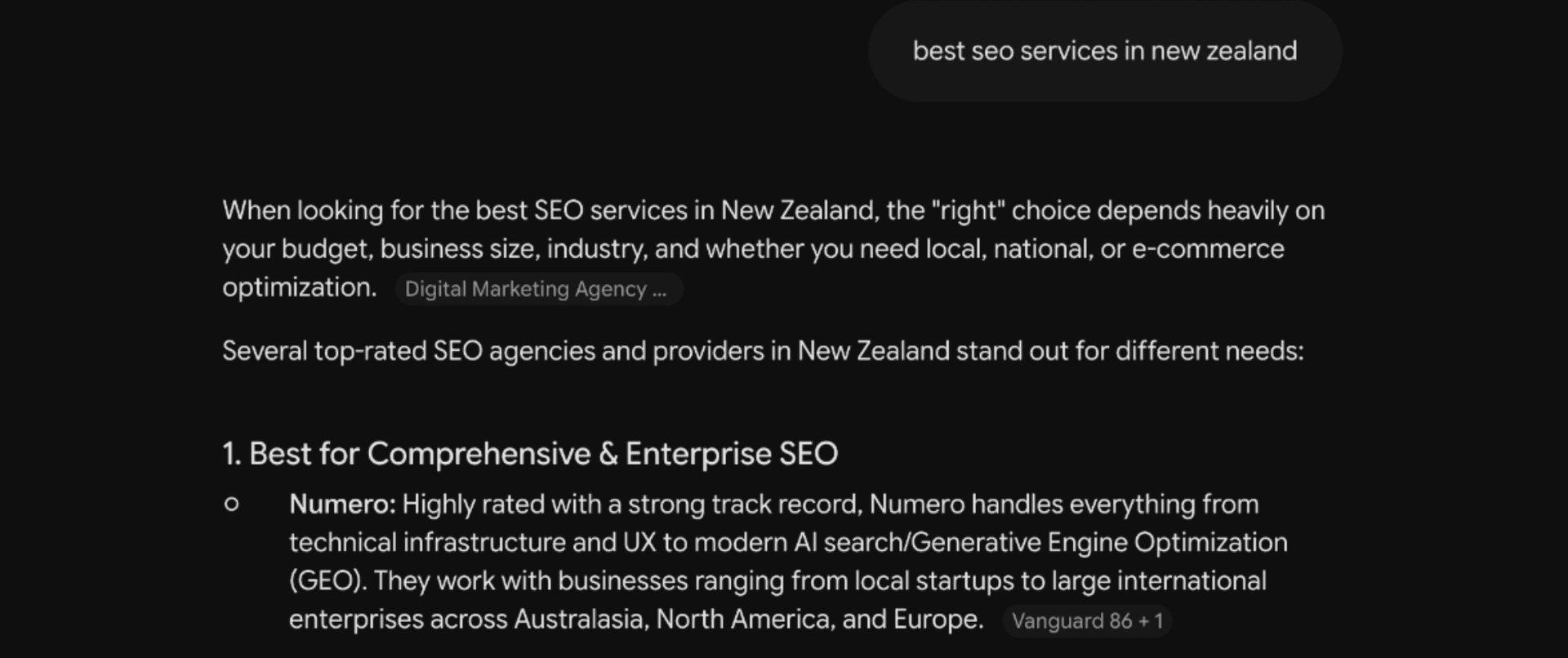 Gemini answer to "best seo services in new zealand" listing numero® first as best for comprehensive and enterprise SEO