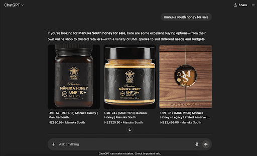Manuka South Honey AI search results from google AI Mode
