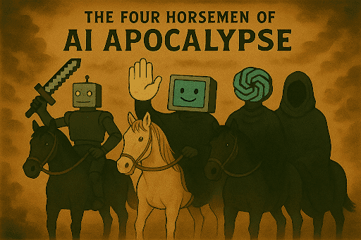 AI image with four cartoon humanoids with technology heads on horseback